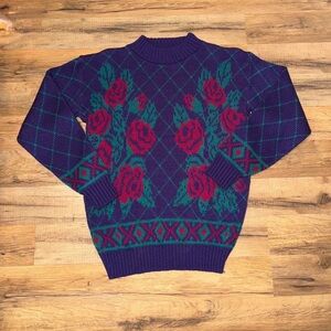 Vintage Rose Pattern Crewneck Sweater in Purple and Red